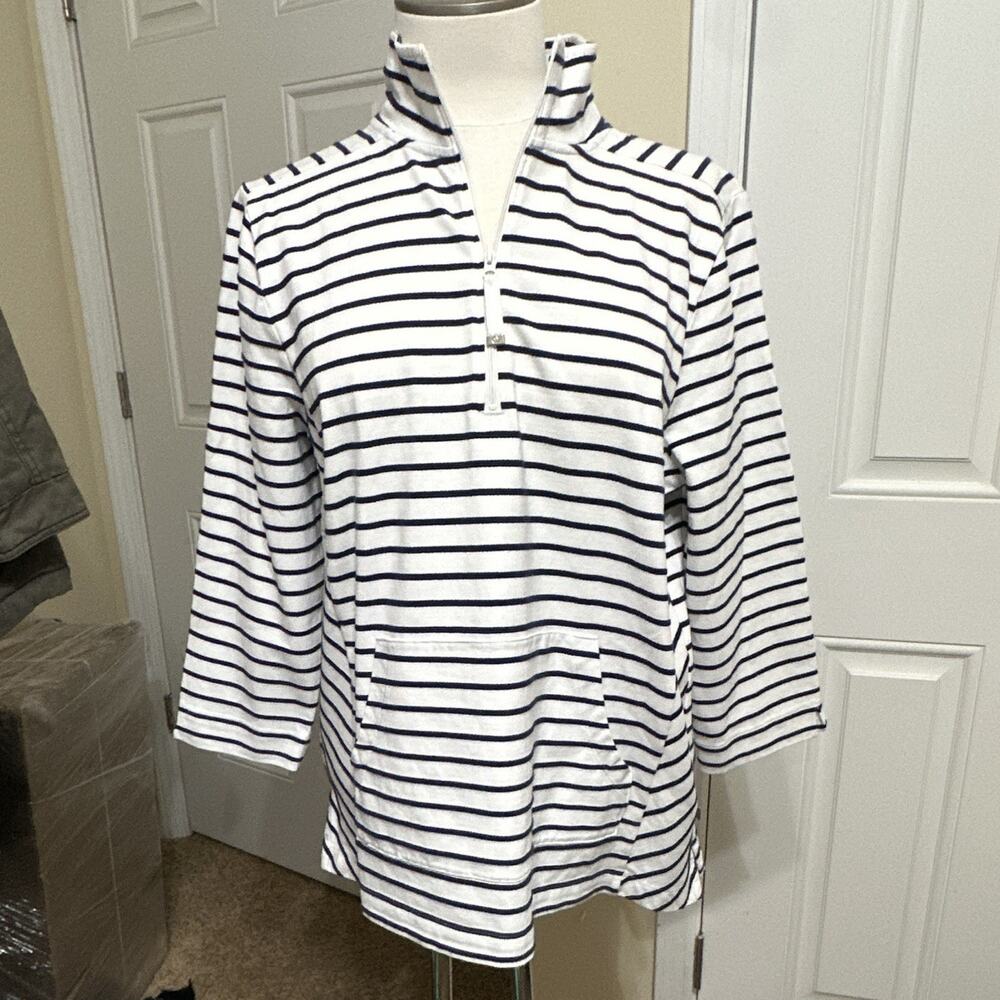 T by TALBOTS Womens L White/Blue Striped 1/2 Zip Mock Neck Pullover Pockets